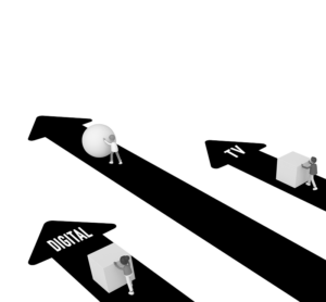 Illustration of three paths labeled DIGITAL, TV, and one unlabeled. A person on the DIGITAL path pushes a square block, another person on the TV path pushes a square block, while the person on the middle path pushes a round ball—implying smoother progress. The image symbolizes how addressable TV advertising enables more efficient movement compared to traditional TV and digital paths.