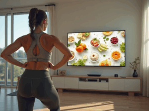  A fit woman in athletic wear stands in a bright, modern living room, watching a large TV screen that displays a colorful array of healthy foods including fruits, vegetables, and grains. The image represents Addressable TV Advertising.