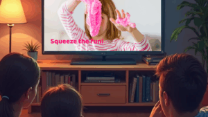 A family watching a TV advertisement featuring a child playing with pink slime, with the caption "Squeeze the fun!"—a representation of how Advanced TV Targeting delivers engaging, relevant content to the right audience. 