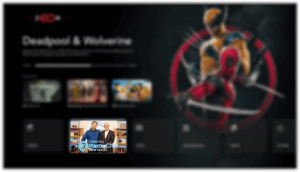 Smart TV interface showing Deadpool & Wolverine movie promotion alongside a targeted ad for Celebrity MasterChef. This illustrates the benefits of addressable TV for broadcasters, including personalized ad placement, improved viewer engagement, and higher advertising revenue.